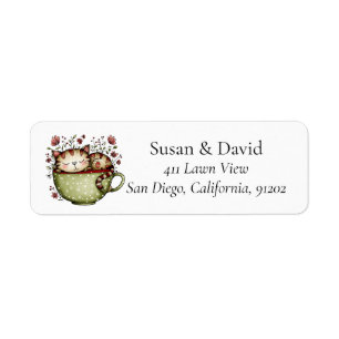 Cute Whimsical Sleeping Cat Teacup Polka Dot Return Address Label
