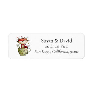Cute Whimsical Sleeping Fox Teacup Floral Daisy Return Address Label