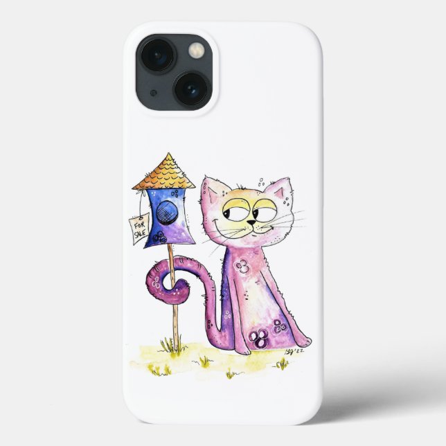 Cute Whimsical Sneaky Cat with Birdhouse Case-Mate iPhone Case (Back)