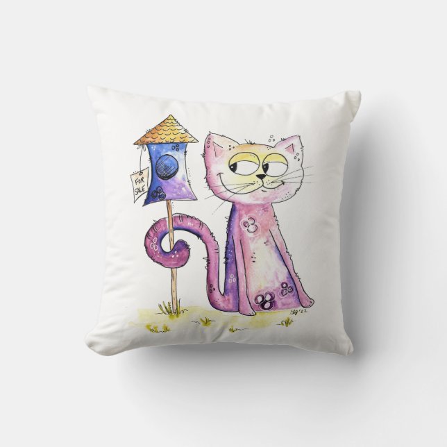 Cute Whimsical Sneaky Cat with Birdhouse Cushion (Front)