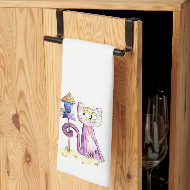 Cute Whimsical Sneaky Cat with Birdhouse Tea Towel (Thirds Fold)