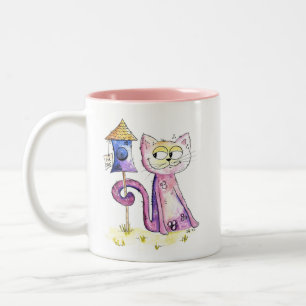 Cute Whimsical Sneaky Cat with Birdhouse Two-Tone Coffee Mug