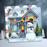 Cute Whimsical Snowman in the Front Yard Christmas<br><div class="desc">Personalised Christmas card. A cute watercolor illustration of a snowman in front of a suburban Victorian house in a sweet cosy neighbourhood. Snowman has blue scarf and top hat on.</div>