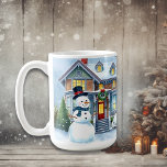 Cute Whimsical Snowman in the Front Yard Christmas Coffee Mug<br><div class="desc">A cute watercolor illustration of a snowman in front of a suburban Victorian house in a sweet cosy neighbourhood. Snowman has blue scarf and top hat on.</div>