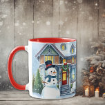 Cute Whimsical Snowman in the Front Yard Christmas Mug<br><div class="desc">A cute watercolor illustration of a snowman in front of a suburban Victorian house in a sweet cosy neighbourhood. Snowman has blue scarf and top hat on.</div>