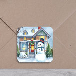 Cute Whimsical Snowman in the Front Yard Christmas Square Sticker<br><div class="desc">. A cute watercolor illustration of a snowman in front of a suburban Victorian house in a sweet cosy neighbourhood. Snowman has blue scarf and top hat on.</div>