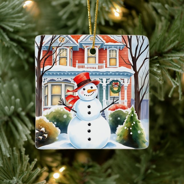 Cute Whimsical Snowman in the Suburbs Christmas Ceramic Ornament (Tree)