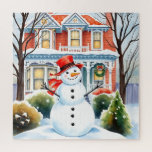 Cute Whimsical Snowman in the Suburbs Christmas Jigsaw Puzzle<br><div class="desc">A cute watercolor illustration of a snowman in front of a suburban Victorian house in a sweet cosy neighbourhood.</div>