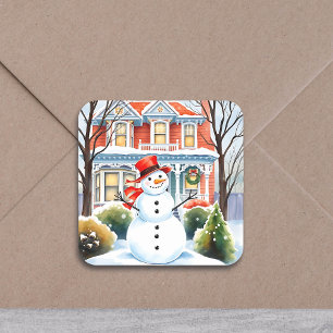 Cute Whimsical Snowman in the Suburbs Christmas Square Sticker