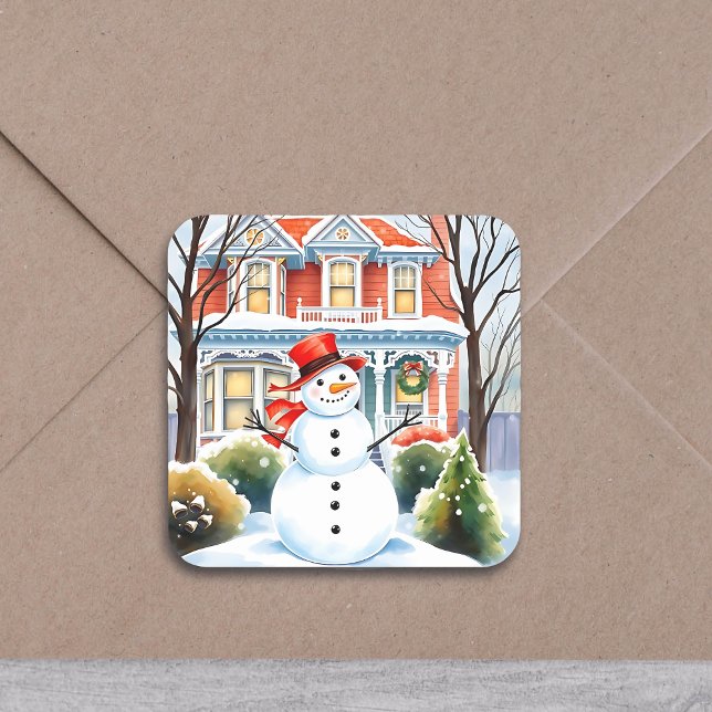 Cute Whimsical Snowman in the Suburbs Christmas Square Sticker (Creator Uploaded)