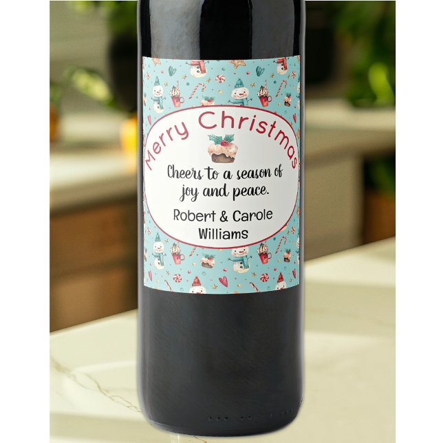 Cute Whimsical Snowman & Sweets, Set of 6 Wine Label (Creator Uploaded)