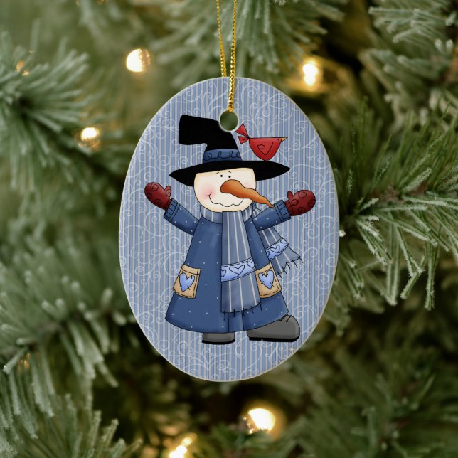 Cute Whimsical Snowman with Red Cardinal Ceramic Ornament (Tree)
