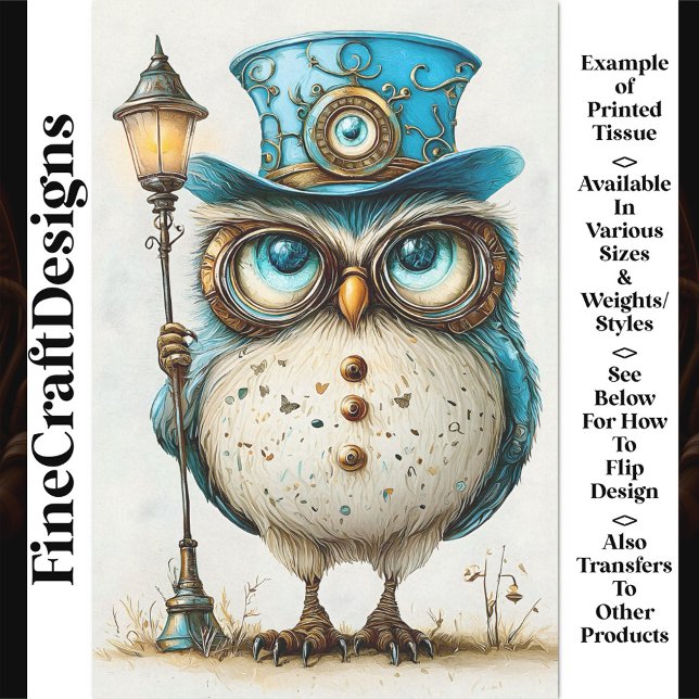 Cute Whimsical Steampunk Owl, Blue AY3 Decoupage Tissue Paper (Creator Uploaded)