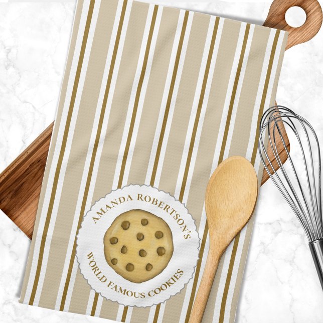 Cute Whimsical Striped Chocolate Chip Cookie  Tea Towel (With cute chocolate chip cookie design.)