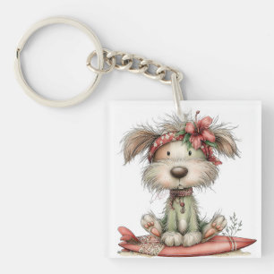 CUTE WHIMSICAL SUMMER DOG ON SURFBOARD KEY RING