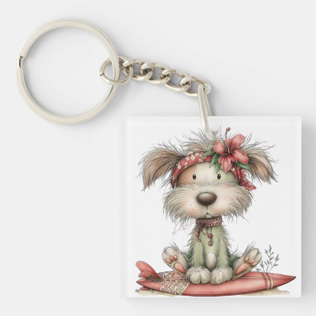 CUTE WHIMSICAL SUMMER DOG ON SURFBOARD KEY RING (Front)