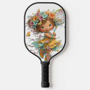 CUTE WHIMSICAL SUMMER THEMED GIRL WITH FLOWERS PICKLEBALL PADDLE