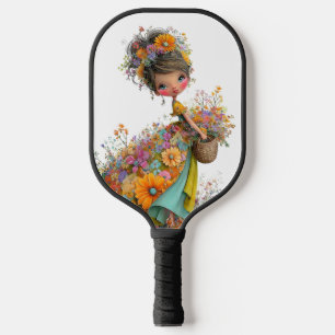 CUTE WHIMSICAL SUMMER THEMED GIRL WITH FLOWERS PICKLEBALL PADDLE