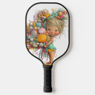 CUTE WHIMSICAL SUMMER THEMED GIRL WITH SHELLS PICKLEBALL PADDLE