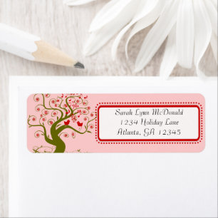 Cute Whimsical Swirl Snowflake Tree Red & Pink Return Address Label