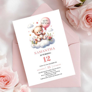 Cute whimsical teddy bear floral balloon birthday invitation
