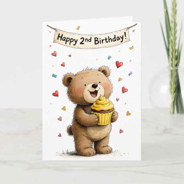 Cute Whimsical Teddy Bear Happy Second Birthday Card (Front)