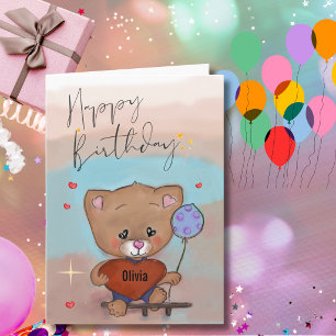 Cute Whimsical Teddy Bear Heart & Balloon Birthday Holiday Card