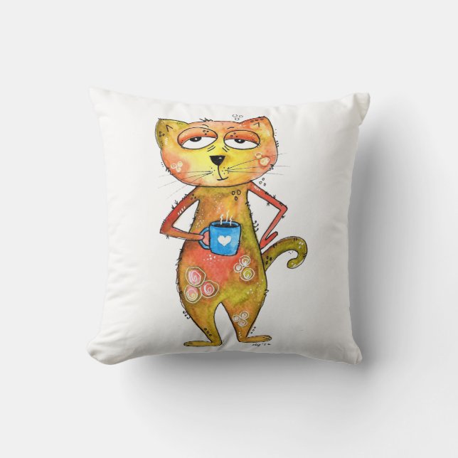 Cute Whimsical Tired Cat Drinking Coffee Cushion (Front)