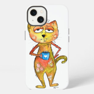 Cute Whimsical Tired Cat Drinking Coffee iPhone 13 Case