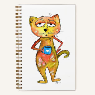 Cute Whimsical Tired Cat Drinking Coffee Notebook