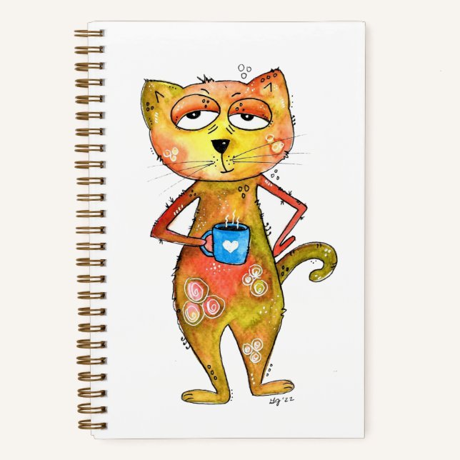 Cute Whimsical Tired Cat Drinking Coffee Notebook (Front)