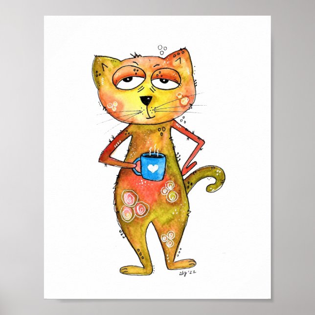 Cute Whimsical Tired Cat Drinking Coffee Poster (Front)