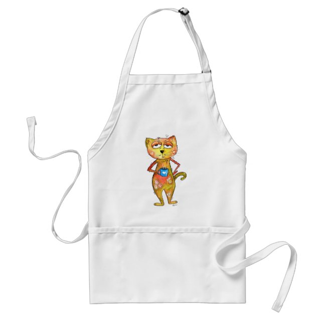 Cute Whimsical Tired Cat Drinking Coffee Standard Apron (Front)