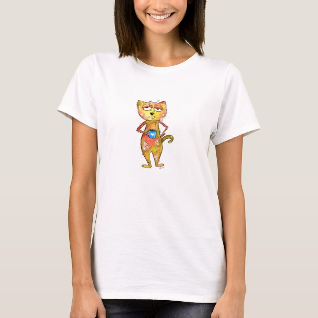 Cute Whimsical Tired Cat Drinking Coffee T-Shirt (Front)