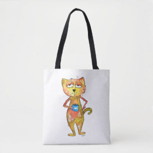 Cute Whimsical Tired Cat Drinking Coffee Tote Bag