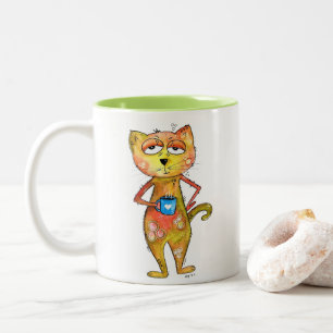 Cute Whimsical Tired Cat Drinking Coffee Two-Tone Coffee Mug