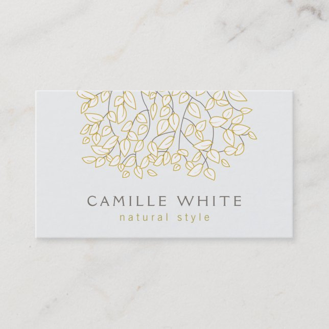 Cute Whimsical Tree Leaves Nature Grey Business Card (Front)