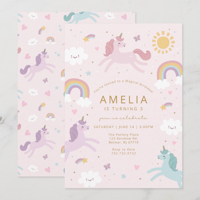 Cute Whimsical Unicorn Birthday Invitation (Front/Back)