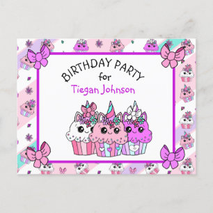 Cute Whimsical Unicorn Cupcake Birthday Invites Postcard