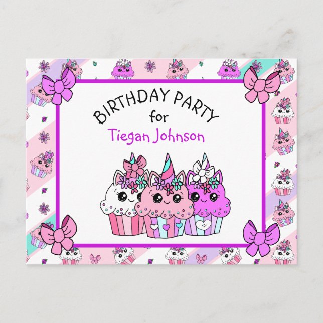 Cute Whimsical Unicorn Cupcake Birthday Invites Postcard (Front)