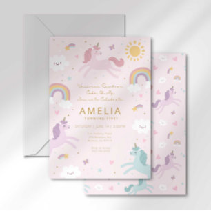 Cute Whimsical Unicorn Girl 5th Birthday Invitation