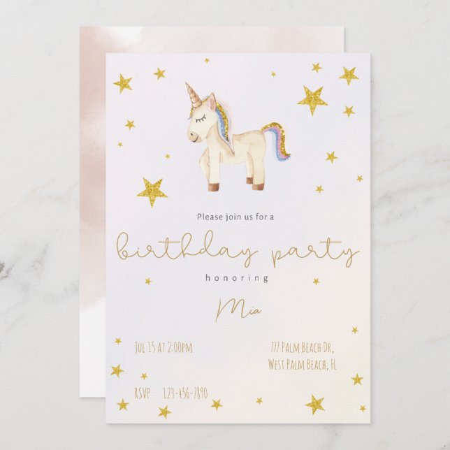 Cute whimsical Unicorn Gold Stars toddler birthday Invitation (Front/Back)