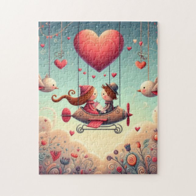 Cute whimsical Valentine's Day heart plane Jigsaw Puzzle (Vertical)