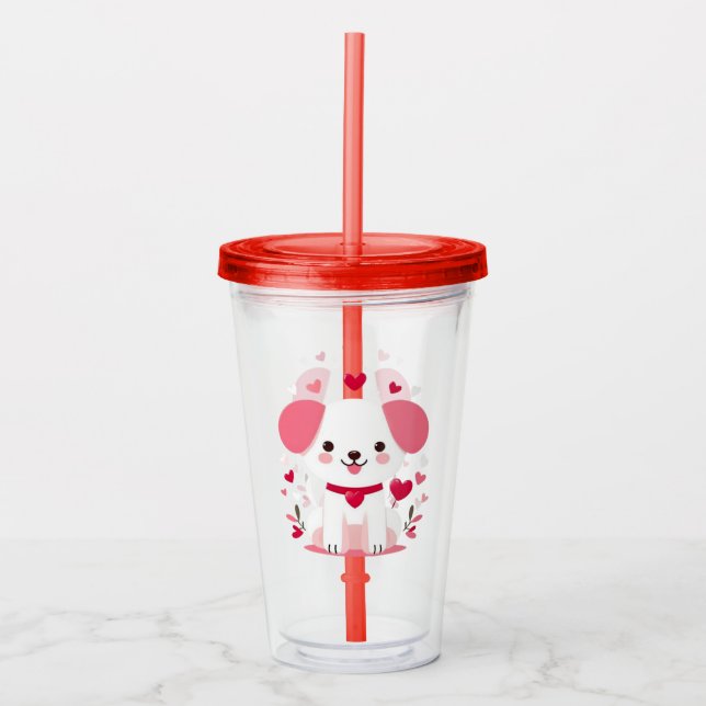 Cute whimsical valentine's puppy acrylic tumbler (Front)