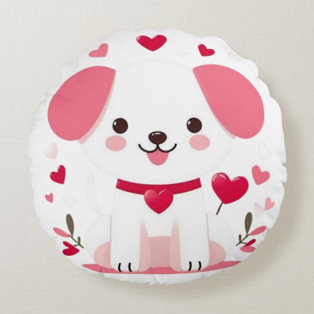 Cute whimsical valentine's puppy round cushion (Front)