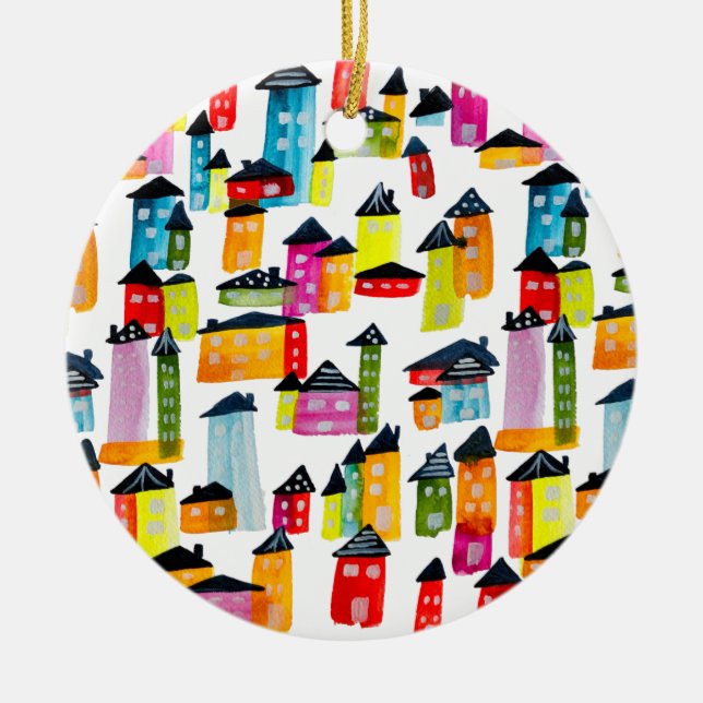 Cute whimsical watercolor houses ceramic ornament (Front)