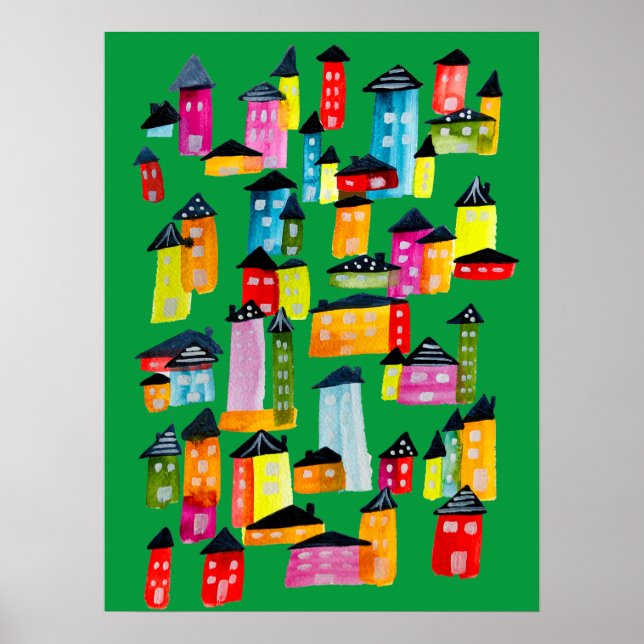 Cute whimsical watercolor houses poster (Front)