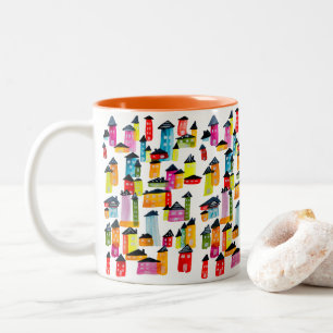Cute whimsical watercolor houses Two-Tone coffee mug
