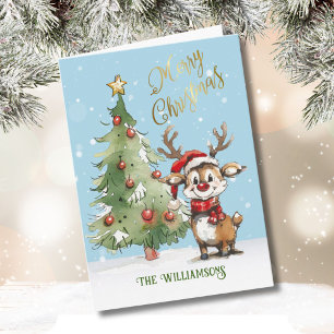 Cute Whimsical Watercolor Reindeer Christmas Tree  Card