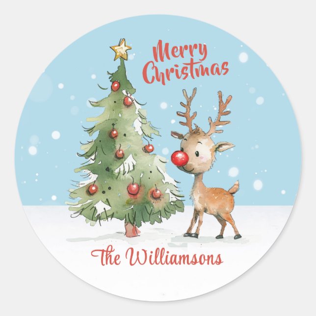 Cute Whimsical Watercolor Reindeer Christmas Tree Classic Round Sticker (Front)